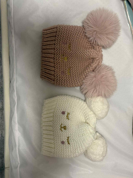 Two knit hats with pompoms 0-12 months
