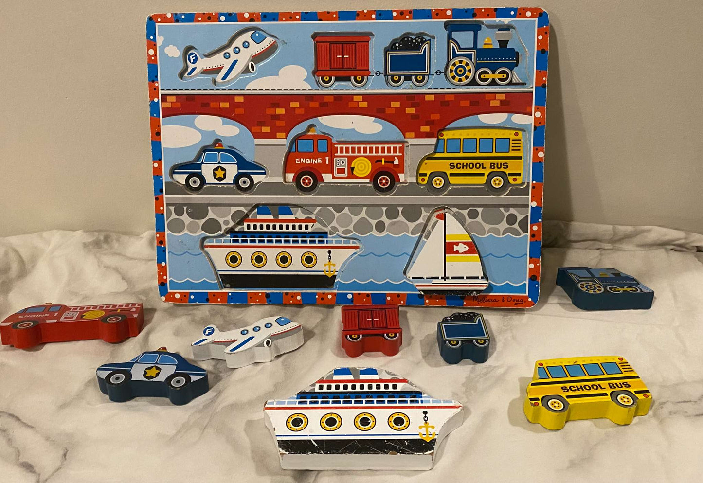 Melissa & Doug Vehicles Wooden Chunky Puzzle - Plane, Train, Cars, and Boats
