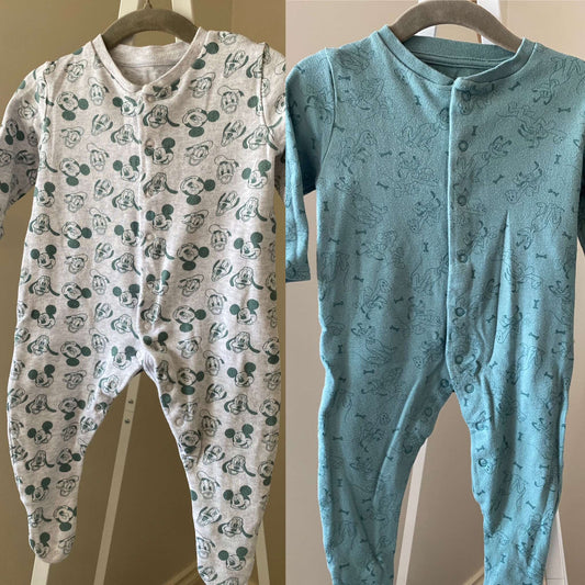 Bundle 2 Disney Sleepers - Grey Mickey&Donald, Green Pluto, Kids 9 Month (6-9M)
