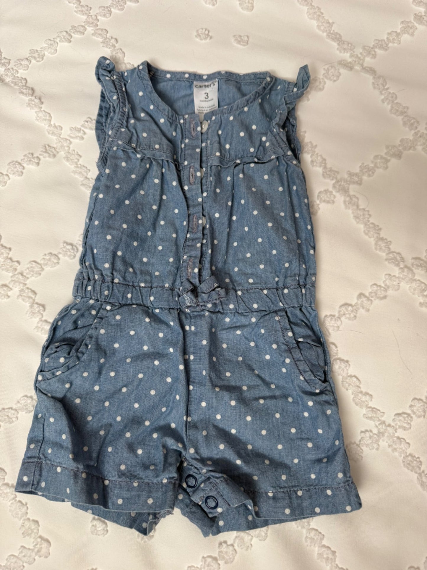 Polka dot denim romper , Kids 3 Month (0-3M)
