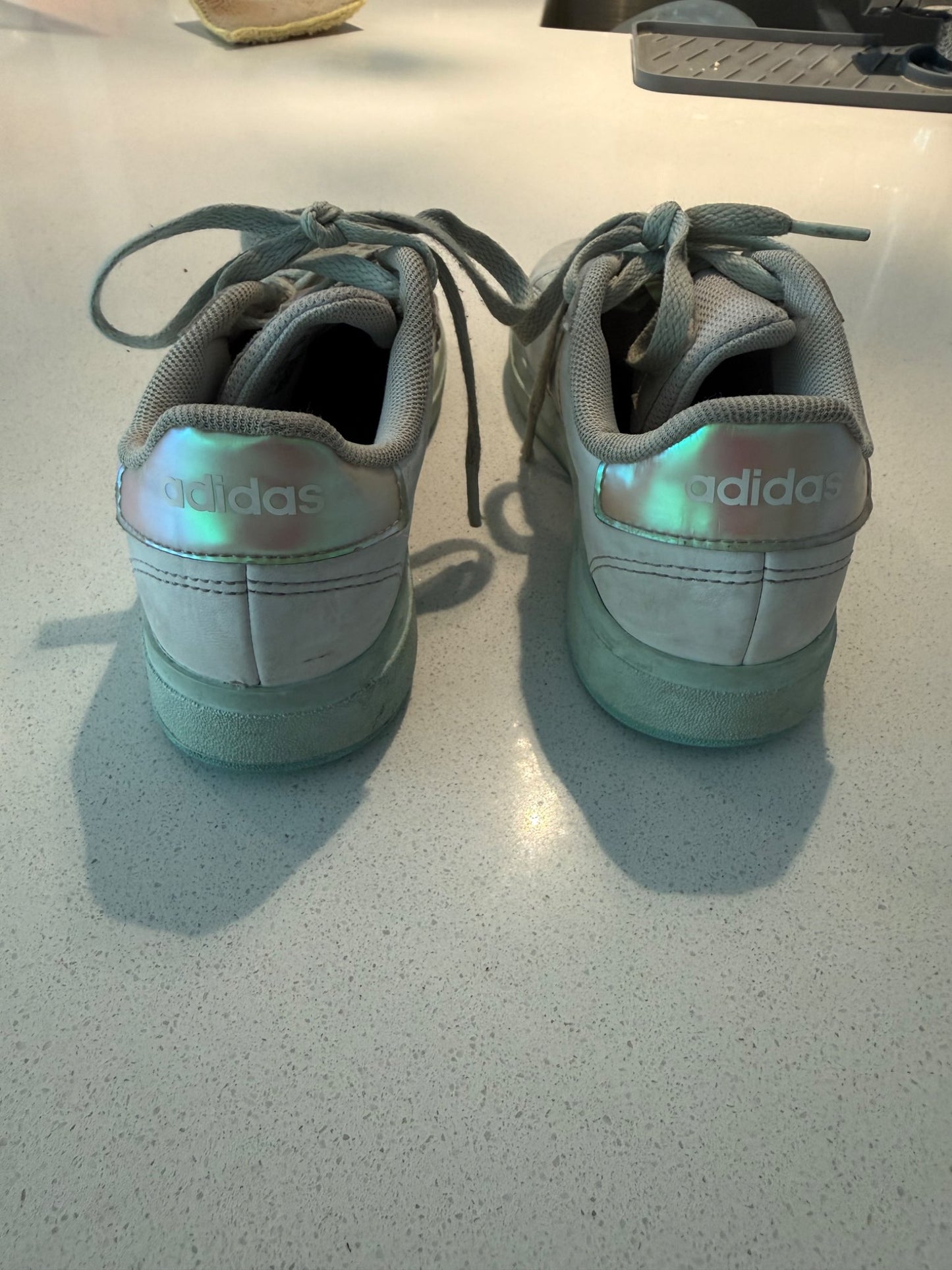 Girls adidas sneakers - white w/ light turquoise - size 1, Shoes 1 (Kids:4-8yr)