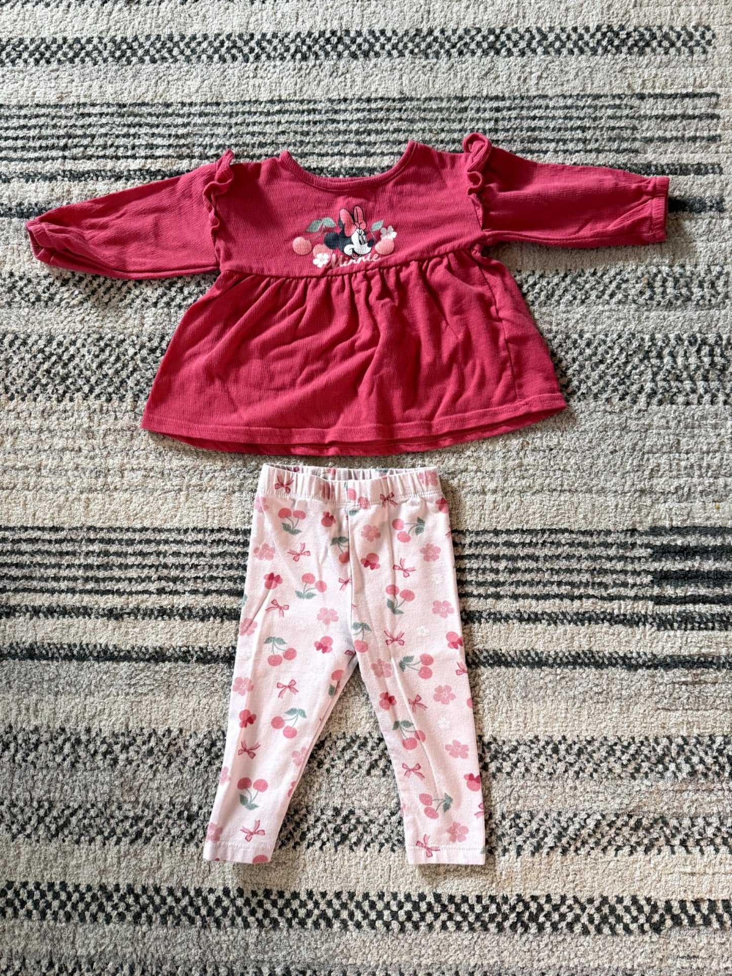 Disney Baby Minnie Mouse Cherry Print Top & Leggings 2-Piece Outfit Set - Size 6-12M, Kids 12 Month (9-12M)