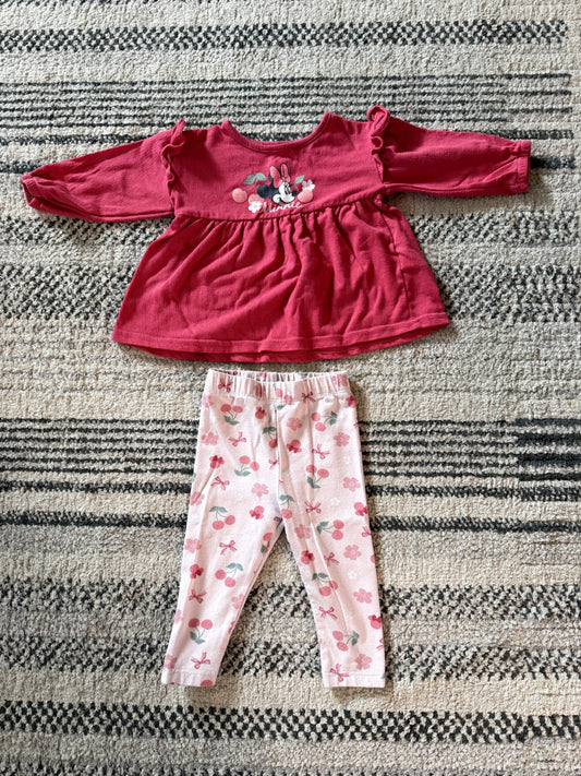 Disney Baby Minnie Mouse Cherry Print Top & Leggings 2-Piece Outfit Set - Size 6-12M, Kids 12 Month (9-12M)
