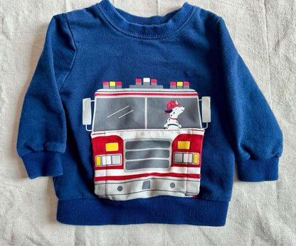 9m Carter's blue fire truck sweatshirt, Kids 9 Month (6-9M)