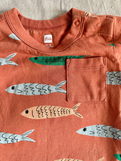 Tea Collection Fish Print Short Sleeve Romper, Kids 18 Month (12-18M)