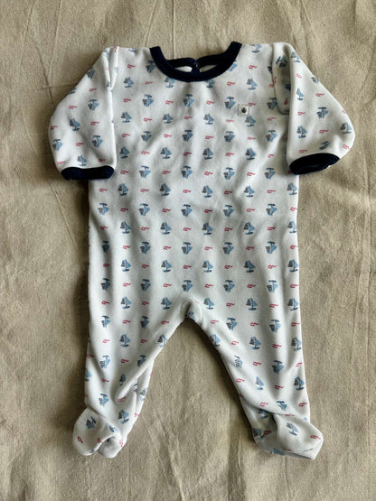 Petit Bateau Sailboat Velour Footed Pajamas, Kids 3 Month (0-3M)