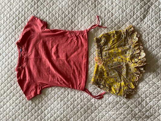 BODEN Pink T &Yellow/Pink Print Shorts Set (Size 7), Kids 7 & 8 (small)