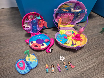 Polly Pocket Tiny Power Seashell Purse/Flamingo Floatie/Tropical Beach Bundle