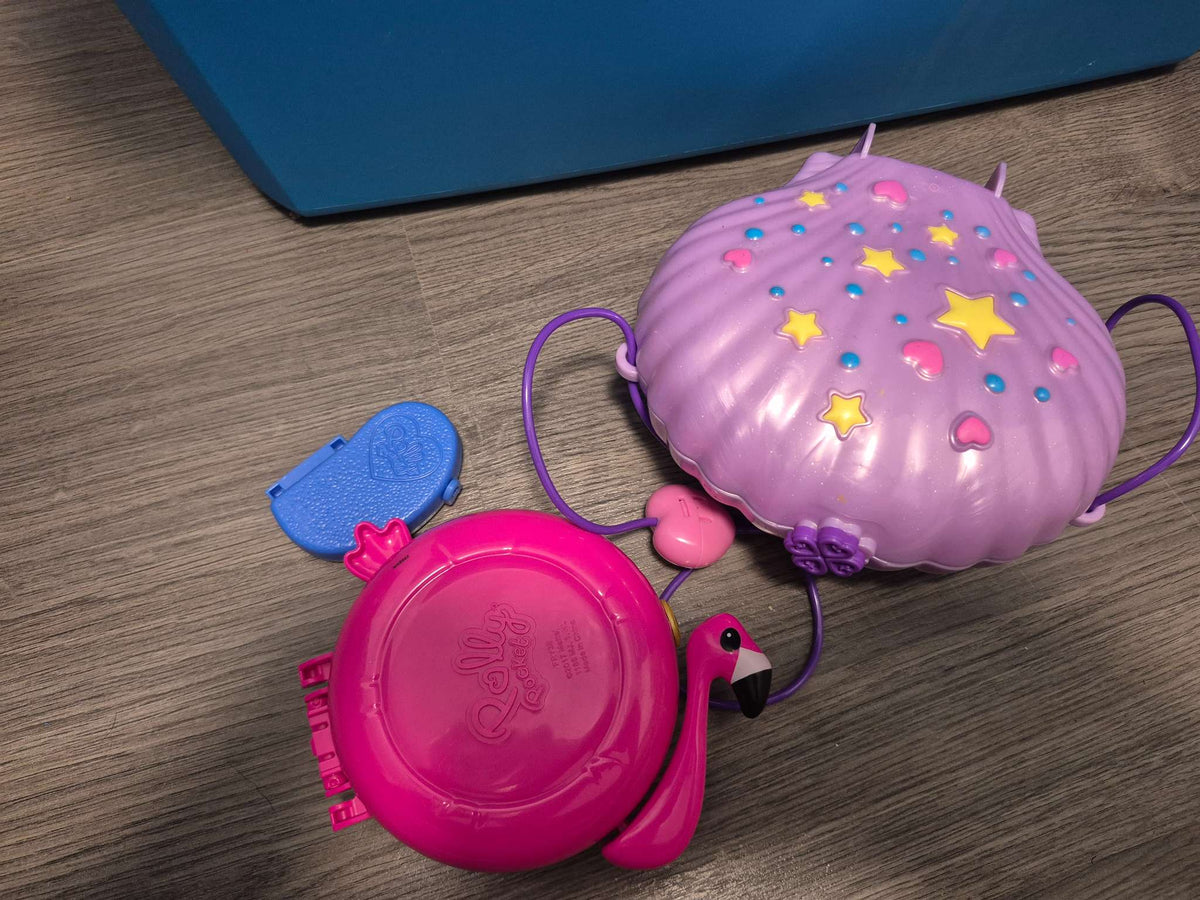 Polly Pocket Tiny Power Seashell Purse/Flamingo Floatie/Tropical Beach Bundle