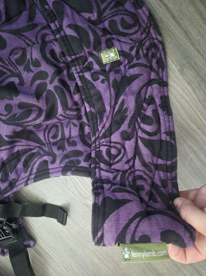 LennyLamb Mei-Tai Twisted Leaves in Purple/Black Baby Carrier with Hood RRP $320