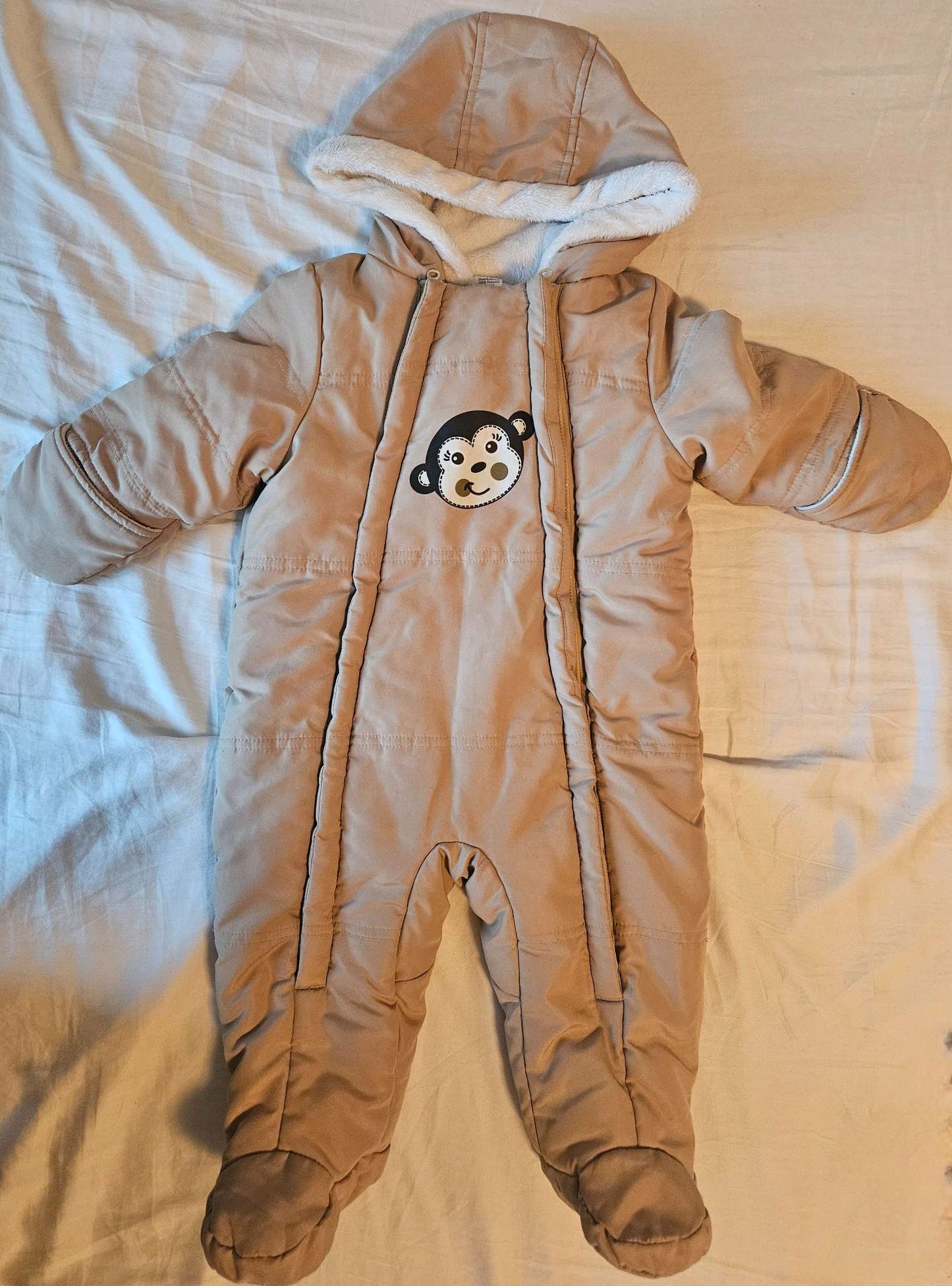 Beige George monkey snowsuit size 6-12 months MSRP $32, Kids 12 Month (9-12M)