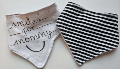 Set of 3 bandana bibs (smiles for mommy, black and white stripe, hi elephant)