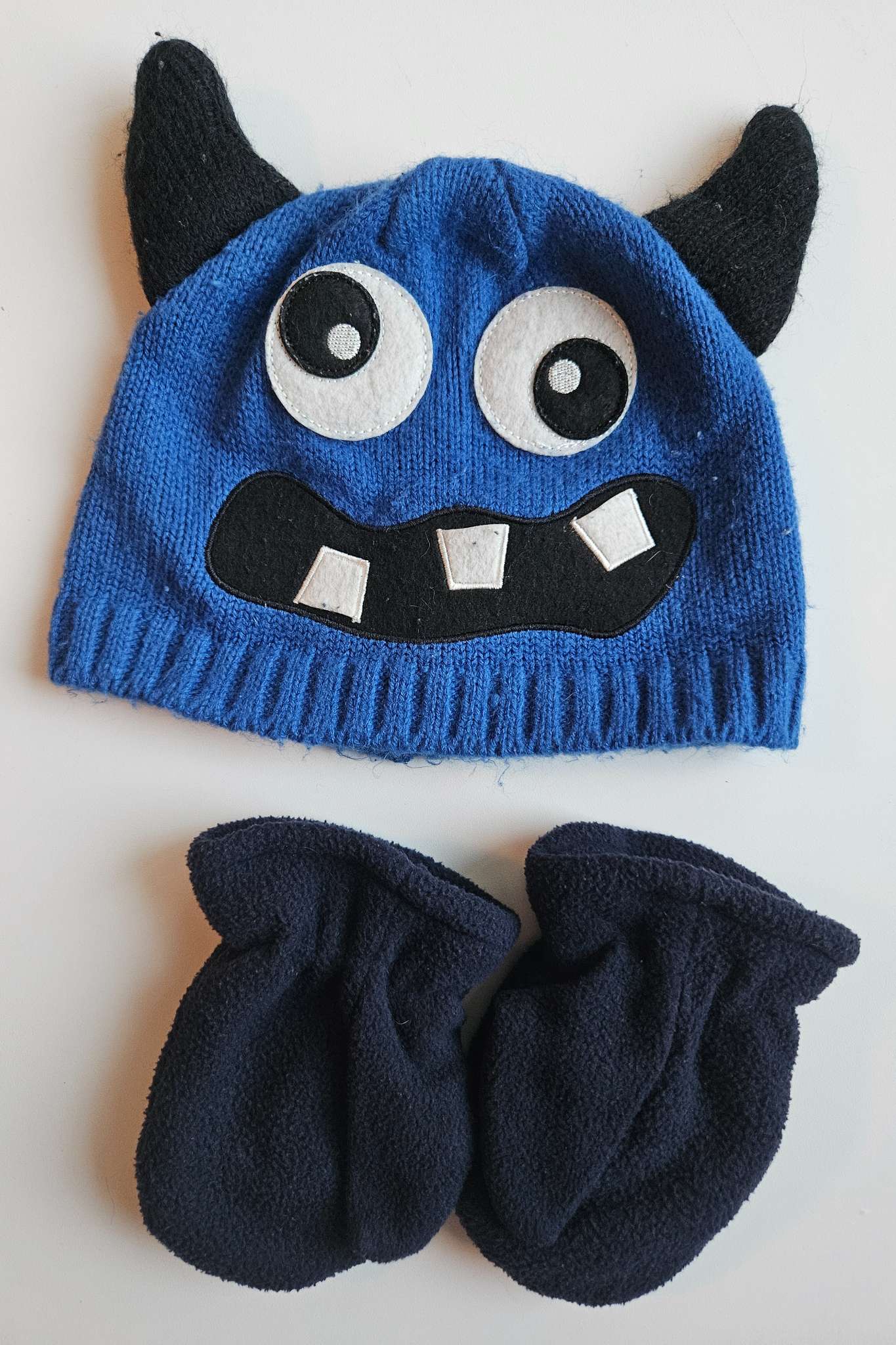 Blue monster winter hat and blue mittens set