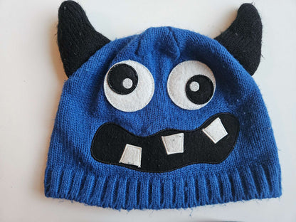 Blue monster winter hat and blue mittens set