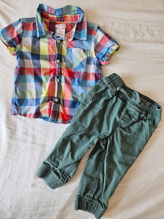 12-18 month Joe Fresh 2 piece set (multi colored dress shirt and green pants) , Kids 18 Month (12-18M)