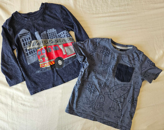 2 size 2T blue shirts (fire truck and under the sea), Kids 2T