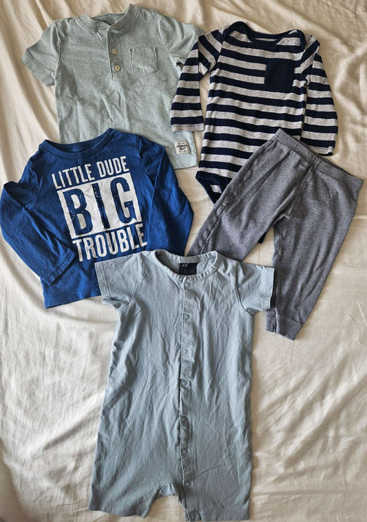 5 piece boys 12-18 month set (light blue shirt, blue/grey striped diaper shirt, grey sweats,big trouble, blue jumper), Kids 18 Month (12-18M)
