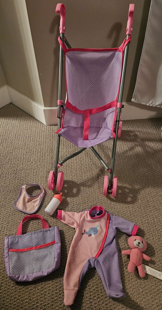 Baby doll stroller set with carry diaper bag, bottle, bib, teddy and sleeper