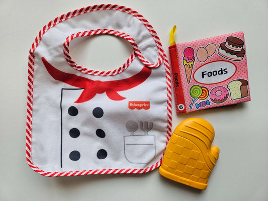 Baby Chef Set (Fisher price bib and chewable oven mit, foods menu Crinkle book)
