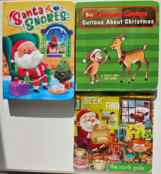 Set of 3 Christmas Books (Curious George, look and find, Santa Snores)