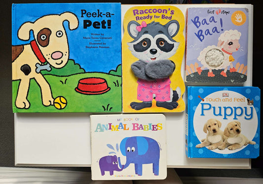 Set of 5 books (touch and feel puppy, my book of baby animals, Baa Baa, Raccoons ready for bed, Mary had a little lamb)