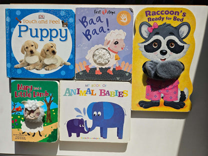 Set of 5 books (touch and feel puppy, my book of baby animals, Baa Baa, Raccoons ready for bed, Mary had a little lamb)