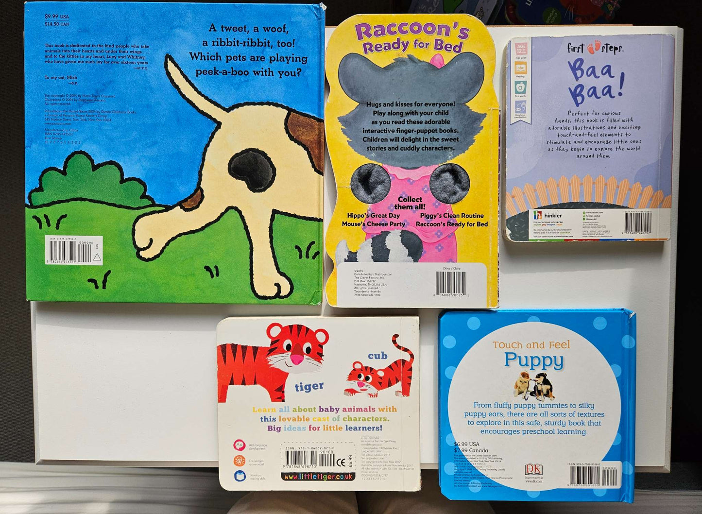 Set of 5 books (touch and feel puppy, my book of baby animals, Baa Baa, Raccoons ready for bed, Mary had a little lamb)