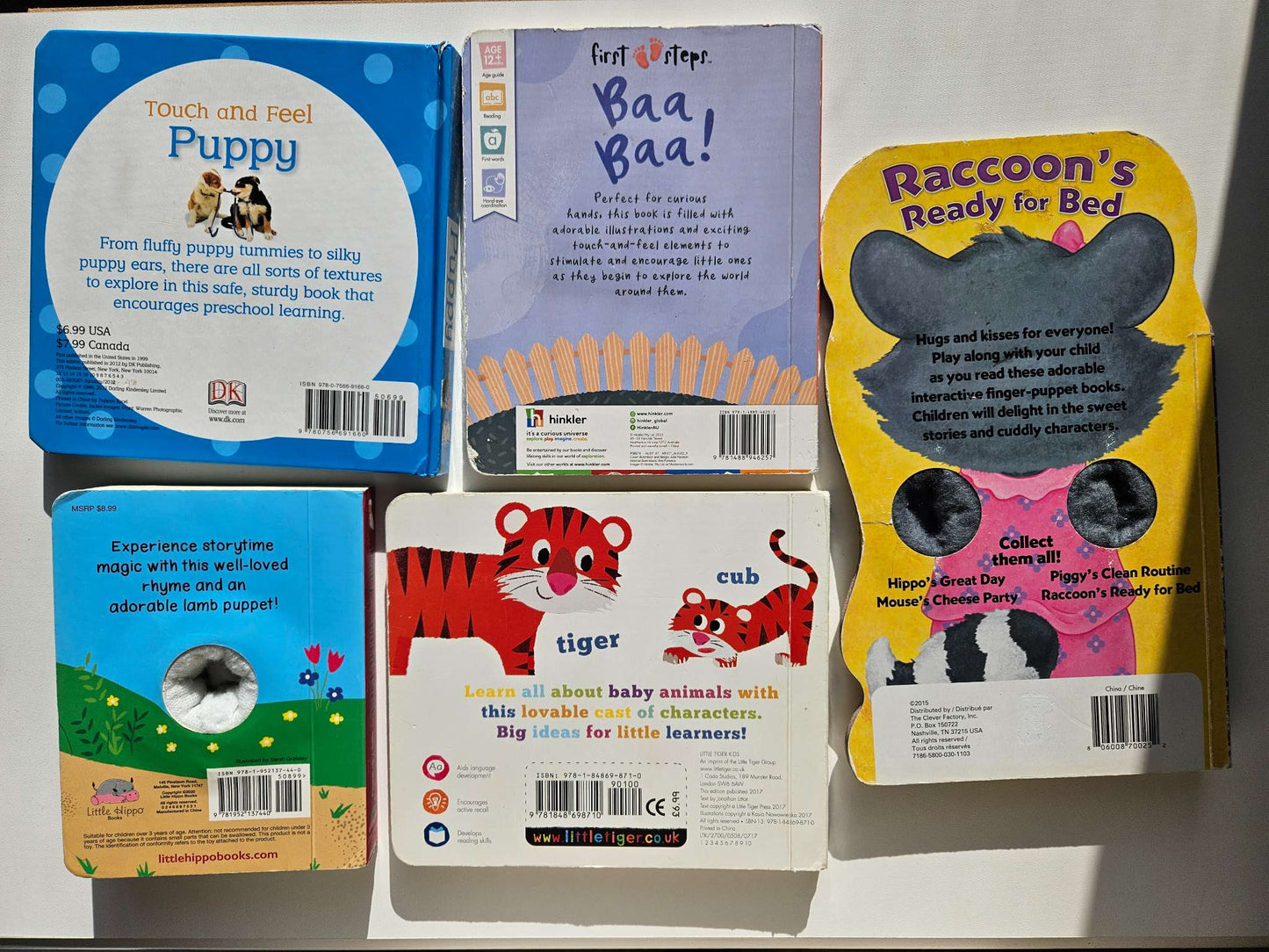Set of 5 books (touch and feel puppy, my book of baby animals, Baa Baa, Raccoons ready for bed, Mary had a little lamb)