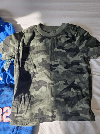 3T shirts set of 3 (blue button up, light and dark blue striped, green camo t-shirt), Kids 3T