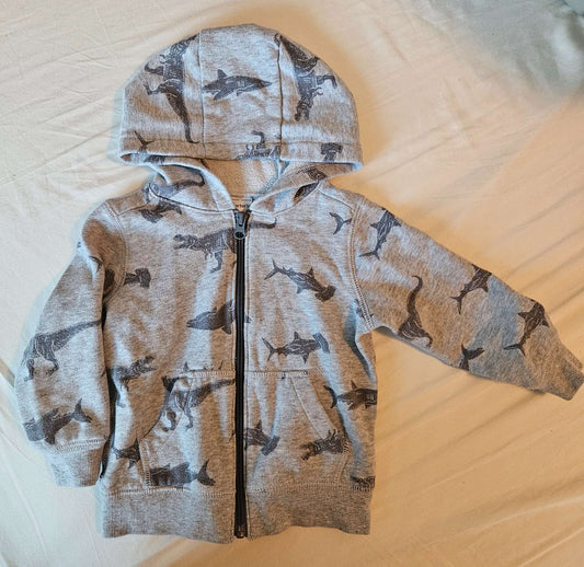 Carters size 2T Grey dinosaur zip up hoodie, Kids 2T