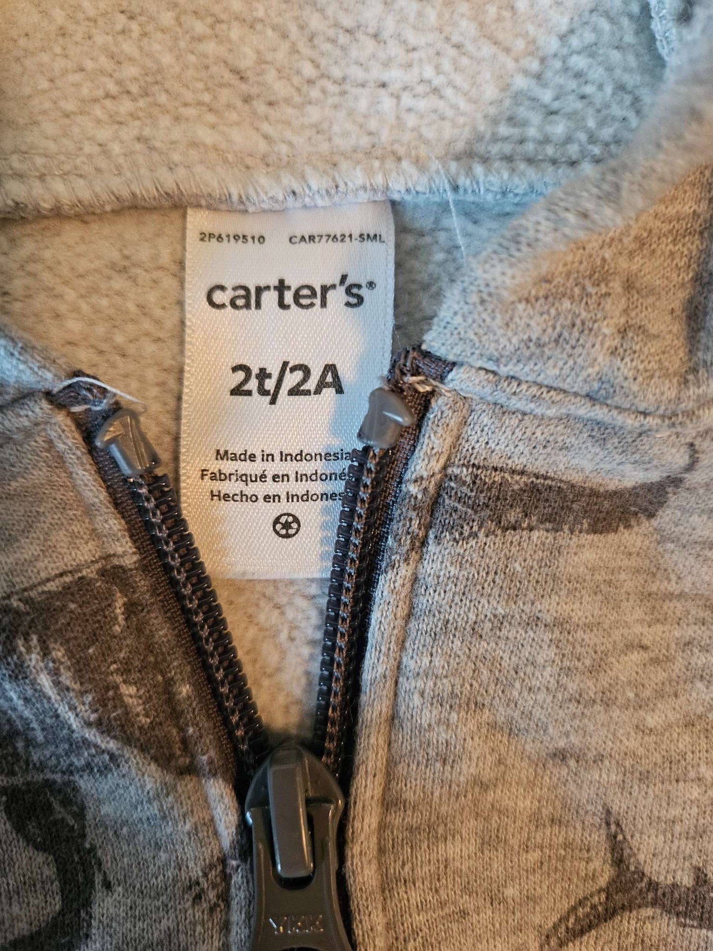 Carters size 2T Grey dinosaur zip up hoodie, Kids 2T