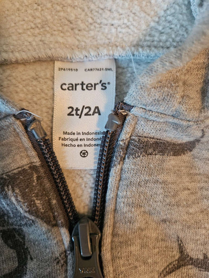 Carters size 2T Grey dinosaur zip up hoodie, Kids 2T