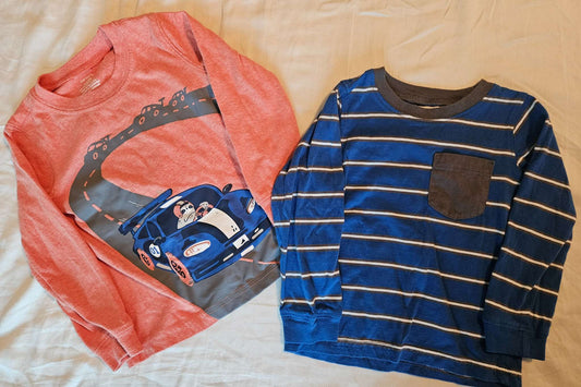 2 Carter's 24 month long sleeve shirts (sloth race car and blue, grey, white stripped), Kids 24 Month (18-24M)