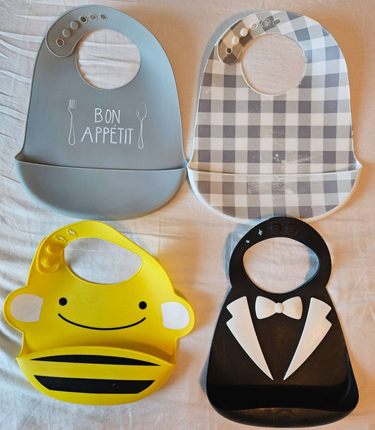 Set of 4 silicone wipeable bibs (bon appetite, Grey plaid, bee, suit)
