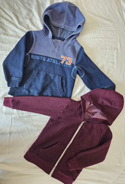 Set of 2 size 2T hoodies (blue Roots, burgundy zip up), Kids 2T