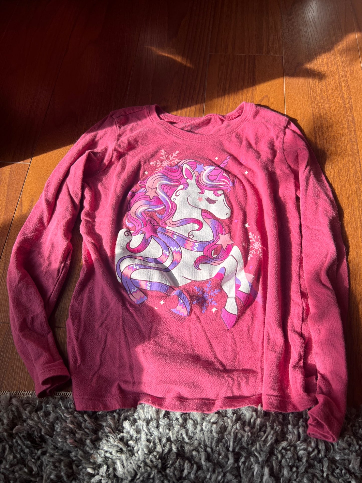 Girl’s Pink Unicorn Long Sleeved Shirt, Kids 7