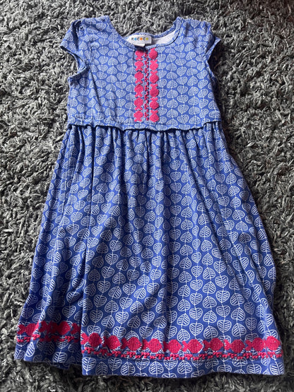 Girl’s Blue with White Leaves Dress, Kids 6/6X
