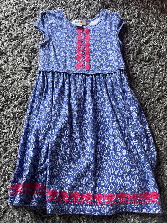 Girl’s Blue with White Leaves Dress, Kids 6/6X