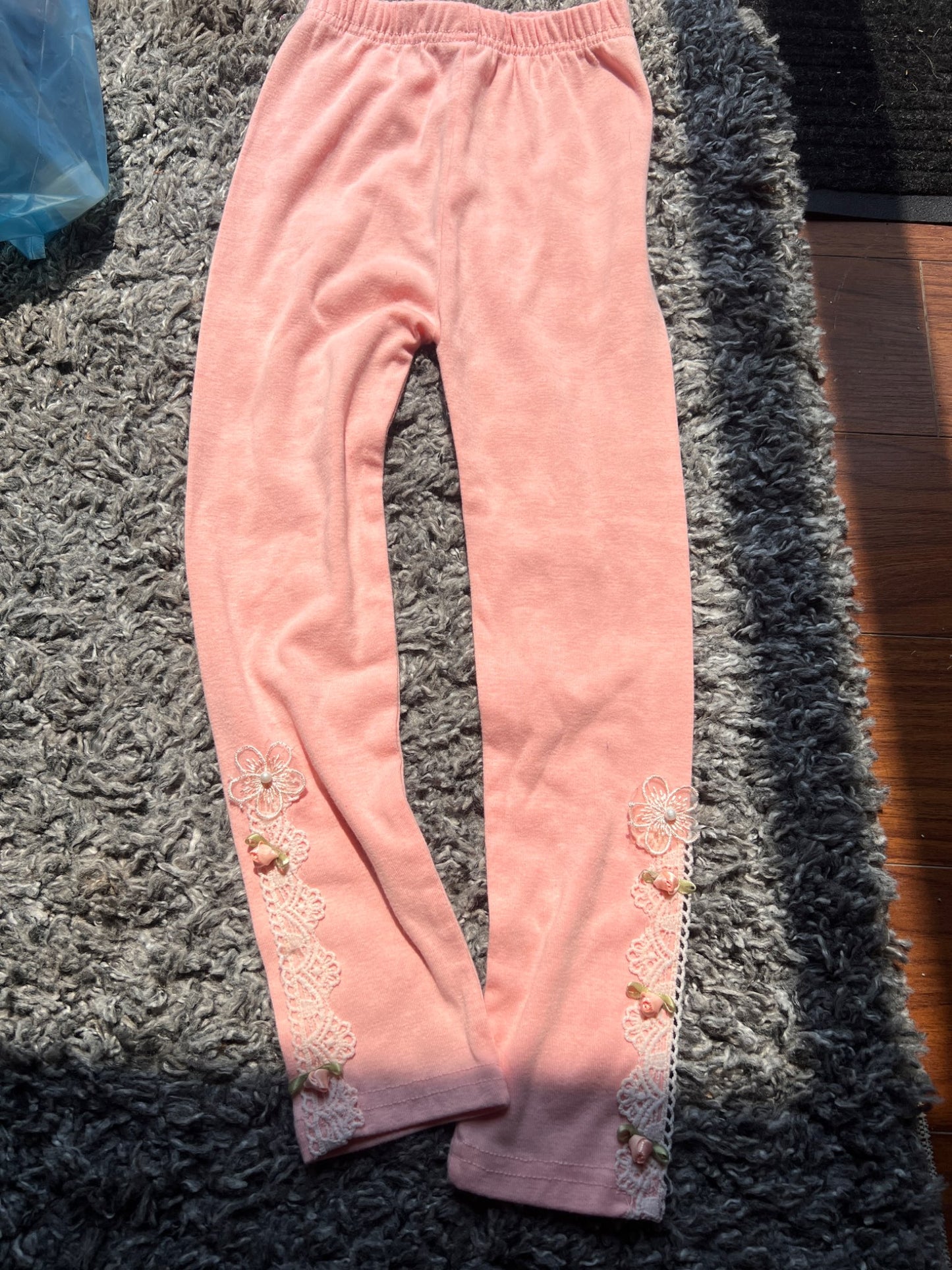 Girl’s Pink Flower Leggings, Kids 6/6X