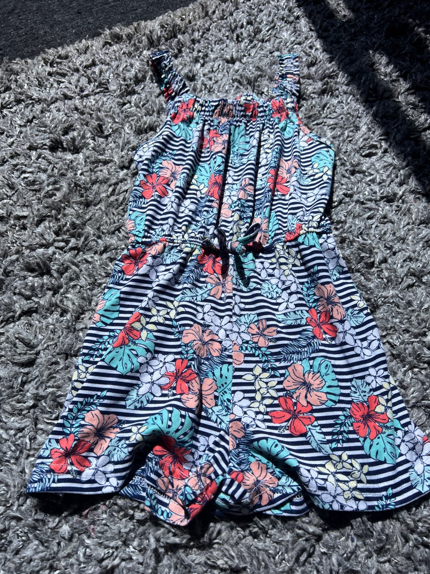 Girl’s Floral Romper Navy Blue Stripes, Kids 6/6X