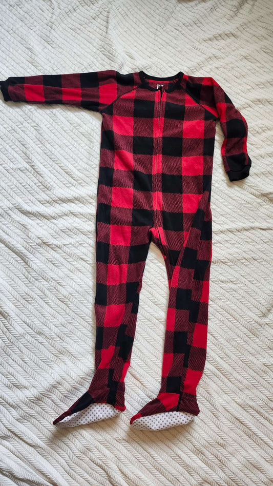 5t Red Black Buffalo Plaid Footed Pajamas Onesie Fleece, Kids 5/5T
