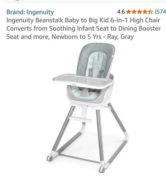 Ingenuity Beanstalk 6-in-1 High Chair Baby to Big Kid (Retails $248)