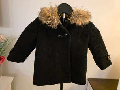 Baby , Joe Fresh Black Sparkly Peacoat, Faux Fur Collar, Size 12-18 months, Kids 18 Month (12-18M)
