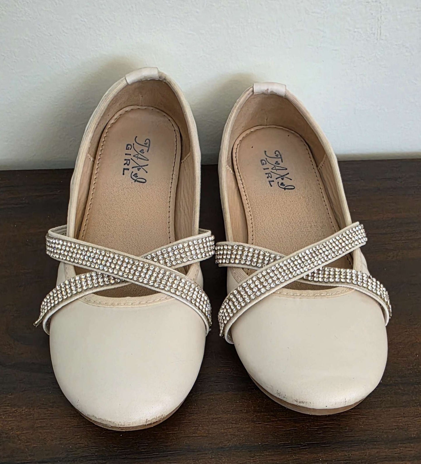 Cream Color Dress Shoes, Rhinestone Straps, Size 30 (12-12.5) MSRP $30.00, Shoes 12.5 (Kids:4-8yr)