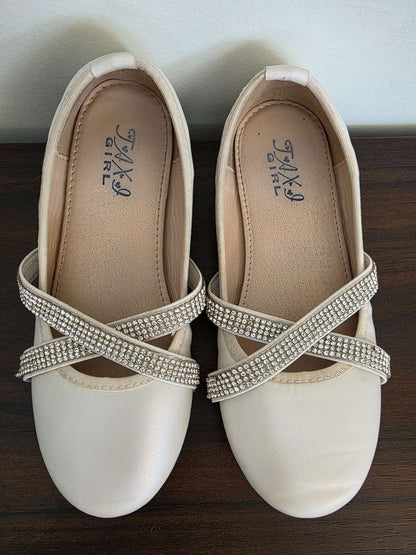 Cream Color Dress Shoes, Rhinestone Straps, Size 30 (12-12.5) MSRP $30.00, Shoes 12.5 (Kids:4-8yr)