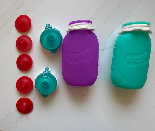 Set of 2 Purple and Teal Squeasy Snacker Bottles with 5 inserts total (retails over $65.00)