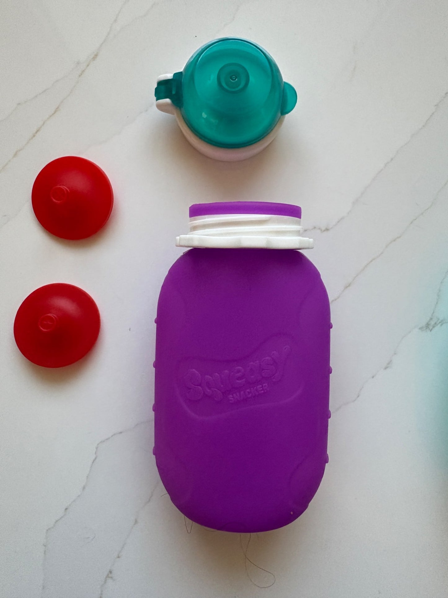 Set of 2 Purple and Teal Squeasy Snacker Bottles with 5 inserts (retails over $65.00)