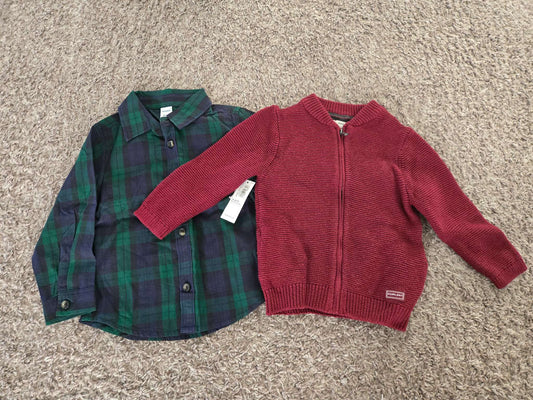 2 Pcs Outfit 18-24 M  (Brand New- Old navy flannel shirt and EUC - Zara Red Knitted Jacket), Kids 24 Month (18-24M)