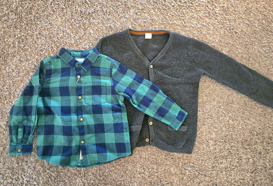 2 Pcs Outfit- Button Up Shirt (Zara Retails 16.90) and H&M Cardigan , Kids 3T