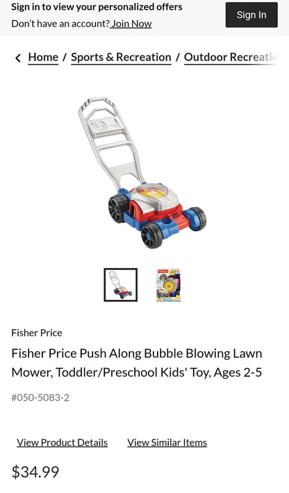 Fisher Price Push Along Bubble Blowing Lawn Mower- EUC